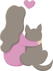 Vector flat design cute illustration of girl in pink shirt, hugging a brown dog, isolated on white background
