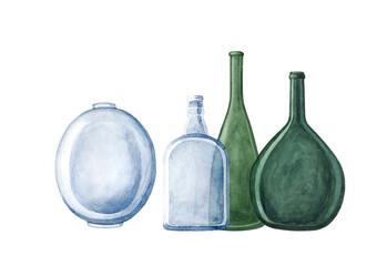 Hand drawn watercolor illustration with decorative composition of glass bottles and a vase. Cosy home decor items. Isolated objects on white background.