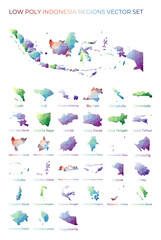 Indonesian low poly regions. Polygonal map of Indonesia with regions. Geometric maps for your design. Cool vector illustration.
