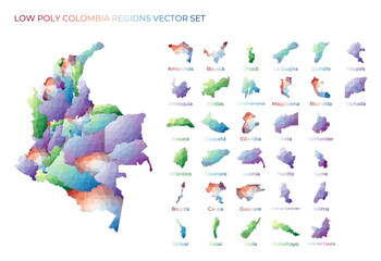 Colombian low poly regions. Polygonal map of Colombia with regions. Geometric maps for your design. Stylish vector illustration.