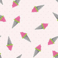 Summer Pink Ice Cream Cones Vector Seamless Pattern