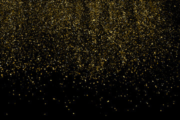 Gold glitter texture isolated on black. Amber particles color. Celebratory background. Golden explosion of confetti. Design element. Digitally generated image. Vector illustration, EPS 10.