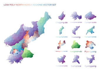 North Korean low poly regions. Polygonal map of North Korea with regions. Geometric maps for your design. Artistic vector illustration.