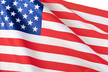 Close up of ruffled American flag. Satin texture curved flag of USA. Memorial Day or 4th of July. Banner, freedom concept