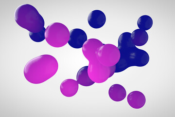 Blue-pink plastic metaball in 3d. Small drops are separated from the liquid sphere and connected together on a white background. Liquid molecule decaying in 3d rendering.