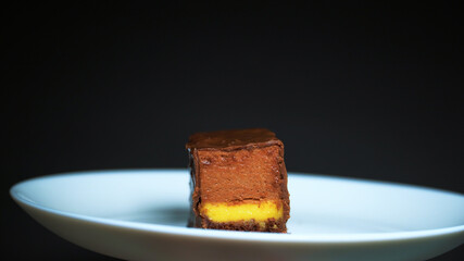 Chocolate cake on a white plate