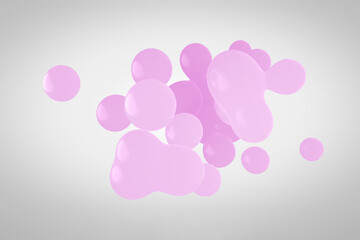 Pink plastic metaball in 3d. Small drops are separated from the liquid sphere and connected together on a white background. Liquid molecule decaying in 3d rendering.