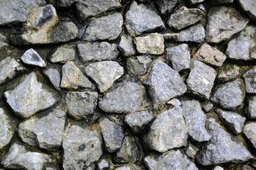 Rocks wall background. Stones wall texture. Artificial waterfall made with natural grey stones. Outdoor nature.