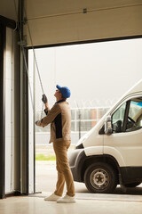 Manual worker in uniform opening the garage for the van he working in warehouse