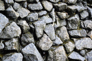 Rocks wall background. Stones wall texture. Artificial waterfall made with natural grey stones. Outdoor nature.