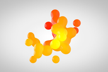 Yellow-red, plastic metaball in 3d. Small drops are separated from the liquid sphere and connected together on a white background. Liquid molecule decaying in 3d rendering.