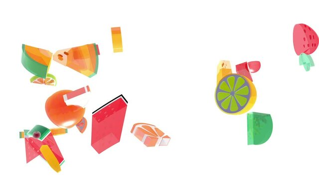 3d animation of various fruits in Macedonia floating or flying in the air. Moving laterally, with vivid semi-transparent colors.