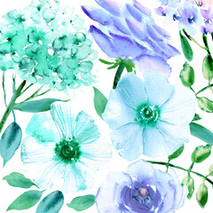 Hand drawn watercolor flower background with anemones, hydrangea, roses in blue and mint