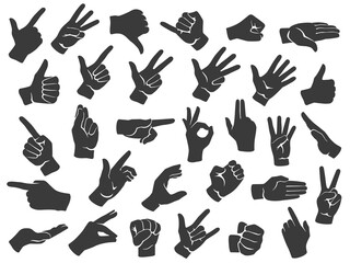 Hand gesture silhouette icons. Man hands gestures, pointing finger and thumbs up like icon stencil vector set. Non verbal communication, body language signs, emotional expressions illustration