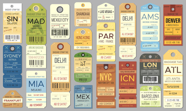 Luggage tags and tickets for passenger with country destination, weight and date. Baggage check for airplane trip. Retro vintage label for flight registration isolated on gray vector illustration
