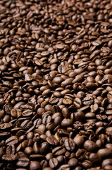 Roasted coffee beans background - full frame detail. Close up of a brown surface texture of aroma black caffeine drink ingredient for coffee beverage