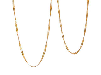 Fragment of a gilded chain in yellow on a white background. Isolated