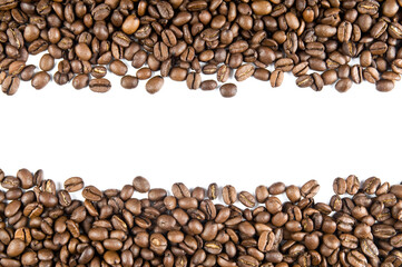 Roasted coffee beans open frame isolated on white background. Border of coffee beans arranged to enclose and frame a sample area of white space for your design needs.