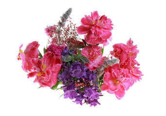 Bouquet of pink and purple flowers on a white background. Isolated