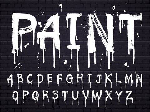 Paint dripping paint font for latin alphabet isolated on dark background with bricks. White oil english letters. Wet painted abc sign text with splatters, calligraphy concept vector illustration