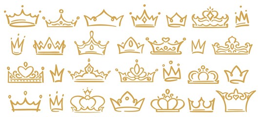 Gold sketch crowns, hand drown royal diadems for queen, princess, winner or champion. Crowns with various decoration, size and shape isolated on white background for logo, ad vector illustration © Tartila