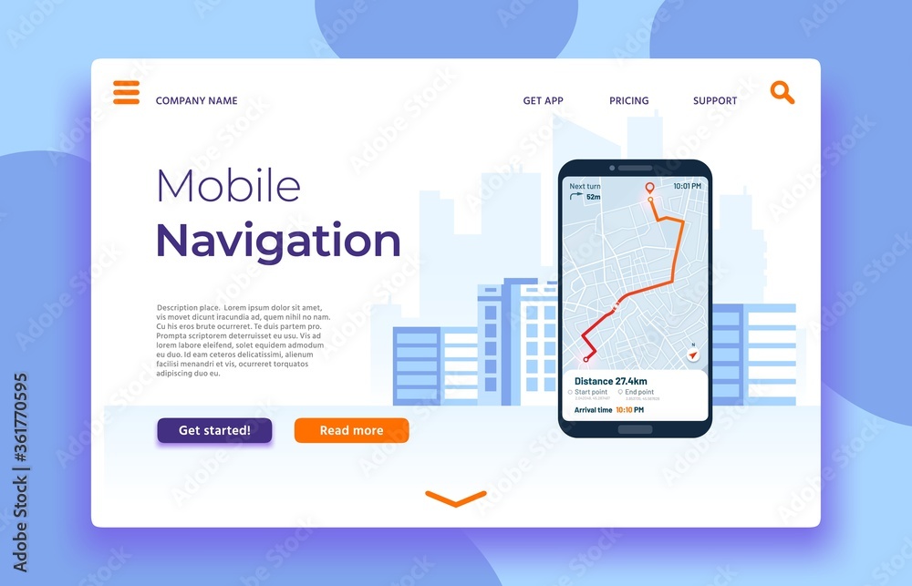 Poster mobile navigation landing page, smartphone with gps application on screen. map route with location m