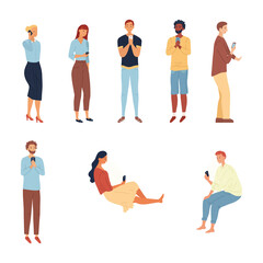 Obraz premium Modern Society Concept. Set Of People Men And Women With Gadgets. Characters Using Smartphones, Tablets For Entertainment And To Find Informations On Internet. Cartoon Flat Style. Vector Illustration