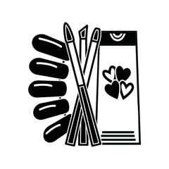 Black and white icon is a set of tools for nail extension in a flat style for the design of business cards or logos. Change nails with acrylic, gel or nail tips