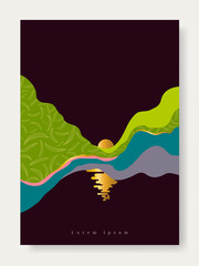 Naklejka na ściany i meble Abstract illustration depicting sunset over the lake on dark background. Abstract landscape of sunrise, wavy mountain with pattern.