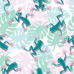 Tropical frogs pattern. Monstera leaves and funny frogs in cartoon style sitting and jumping. Seamless template. 
