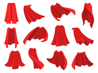 Superhero red cape. Scarlet fabric silk cloak in different position, front back and side view. Mantle costume, magic cover cartoon vector set. Satin flowing and flying carnival vampire clothes - obrazy, fototapety, plakaty