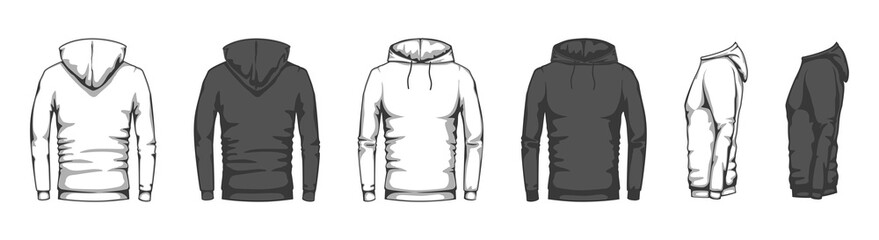 Hoodie mockup. Trendy casual clothes unisex sport merchandise, blank front back side sweatshirt hooded oversized style flat vector set. Black and white sportswear or tracksuit for training
