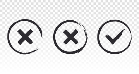 Check mark. Cross signs. Checkmark OK and  X icons. Symbols YES and NO. Vector check mark. Cross button. Close button. Dirty circle ink box. Reject icon. Cancel icon. Hand drawn cross. 
