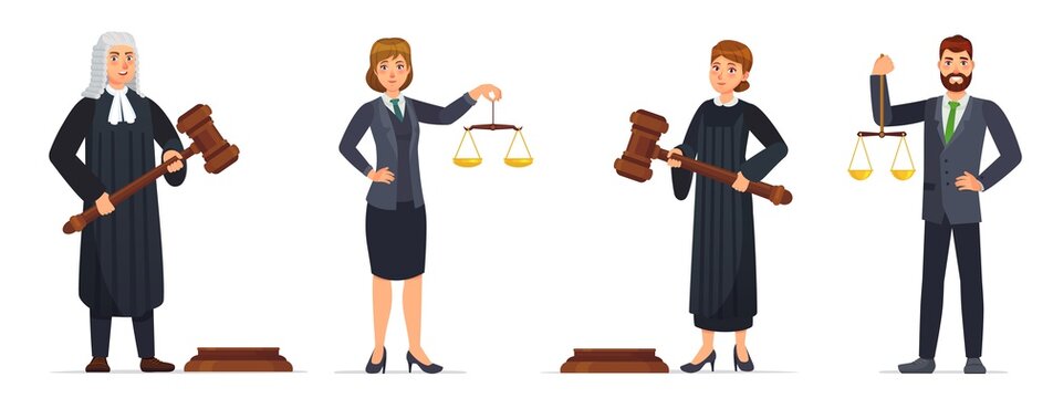 Judges and lawyers. Judge holding hammer and lawyer with scales of justice. Judicial workers, law cartoon vector illustration set. Legal verdict, woman and man with gavel. Court worker characters