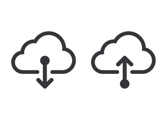 Download icon. Cloud download icon. Unloading. Computer communication. Cloud storage icon. Clouds with arrows. Loading is complete. Download file. Send file. Cloud silhouette.