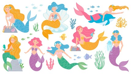 Fototapeta na wymiar Mermaid. Cute mythical princess, little mermaids and dolphin, seashell and seaweeds, fishes and corals underwater game vector characters. Fairytale girls with colorful hair for fabric print