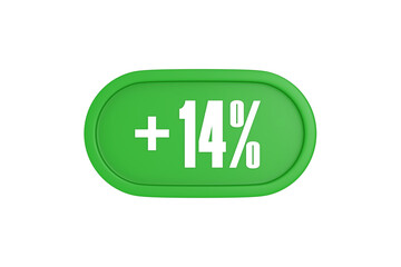 14 Percent increase 3d sign in green color isolated on white background, 3d illustration.