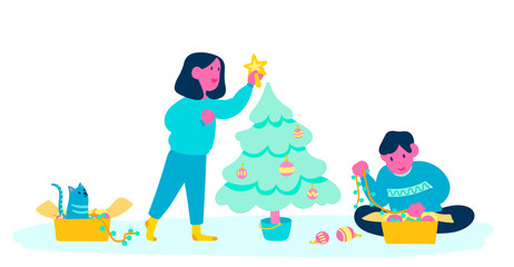 A young couple and their cat decorating christmas tree at home. Cute cartoon minimalistic illustration in modern colors.