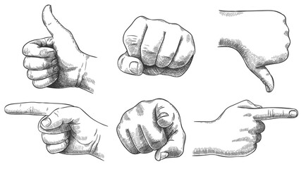 Engraved hands gesture. Hand drawn like and dislike, sketch punch and pointing finger. Vintage hand pointer vector illustration set. Thumb up and down, recommendation. Finger from and side view