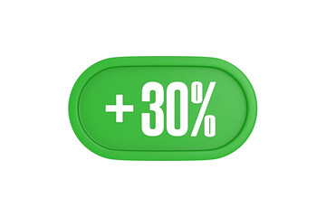 30 Percent increase 3d sign in green color isolated on white background, 3d illustration.