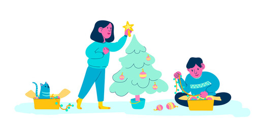 A young couple and their cat decorating christmas tree at home. Cute cartoon minimalistic illustration in modern colors.