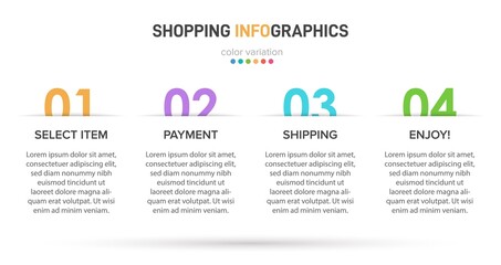 Concept of shopping process with 4 successive steps. Four colorful graphic elements. Timeline design for brochure, presentation, web site. Infographic design layout.
