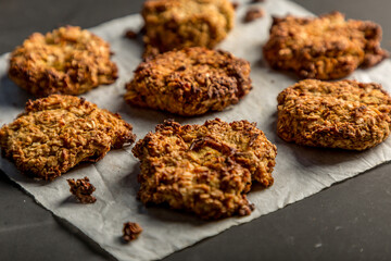 Homemade baked oatmeal cookies with white background
