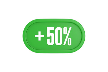 50 Percent increase 3d sign in green color isolated on white background, 3d illustration.