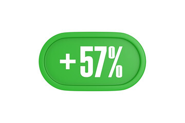57 Percent increase 3d sign in green color isolated on white background, 3d illustration.