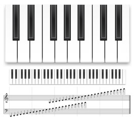 Fototapeta premium Piano keyboard. Realistic music instrument top view grand piano keyboard or synthesizer and musical notes vector template. Musical creative concept, design for recording studio on white background