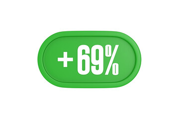 69 Percent increase 3d sign in green color isolated on white background, 3d illustration.