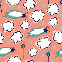 seamless childish pattern hand drawn stars and cloud. creative childish designs for fabric, wrapping, wallpaper, textile, apparel.