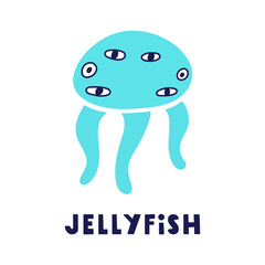 Blue jellyfish. Vector icon illustration on white background.