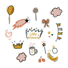 hand drawn little princess set vector illustration.